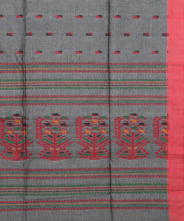 Grey red handloom mercerised cotton bengal saree