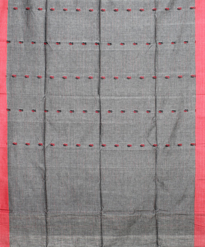 Grey red handloom mercerised cotton bengal saree