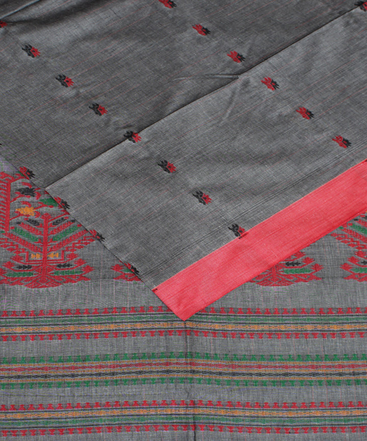 Grey red handloom mercerised cotton bengal saree