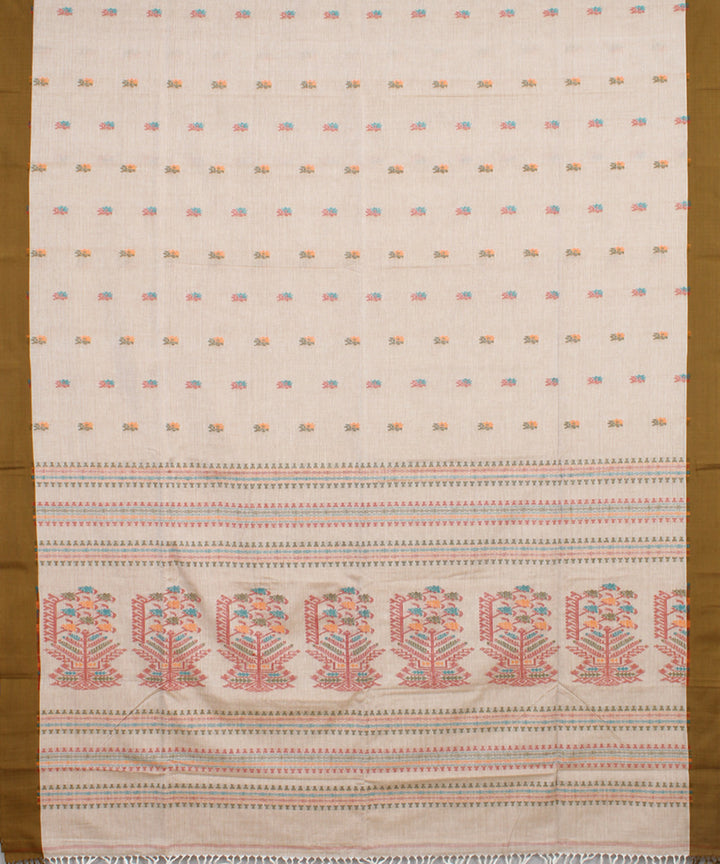 Beige olive mercerised cotton handloom bengal saree