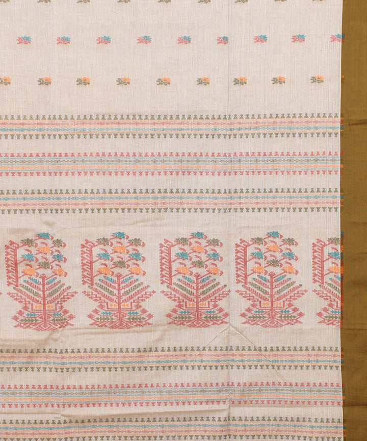 Beige olive mercerised cotton handloom bengal saree