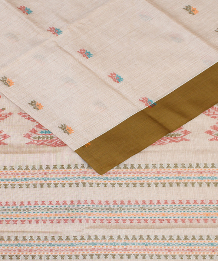 Beige olive mercerised cotton handloom bengal saree