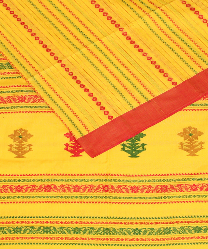 Yellow red handloom mercerised cotton bengal saree