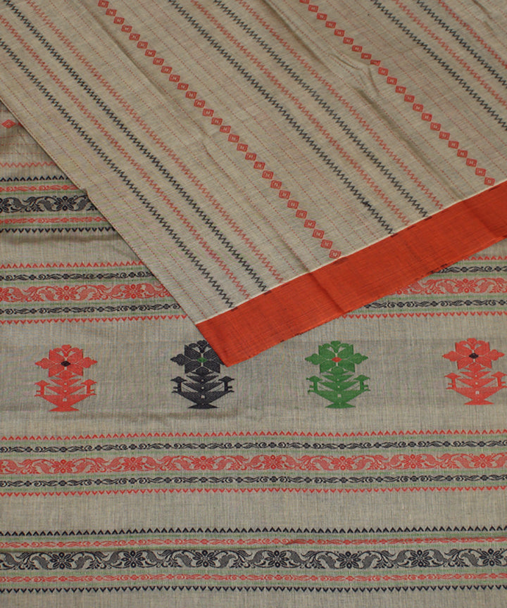 Grey red bengal mercerised cotton handloom saree