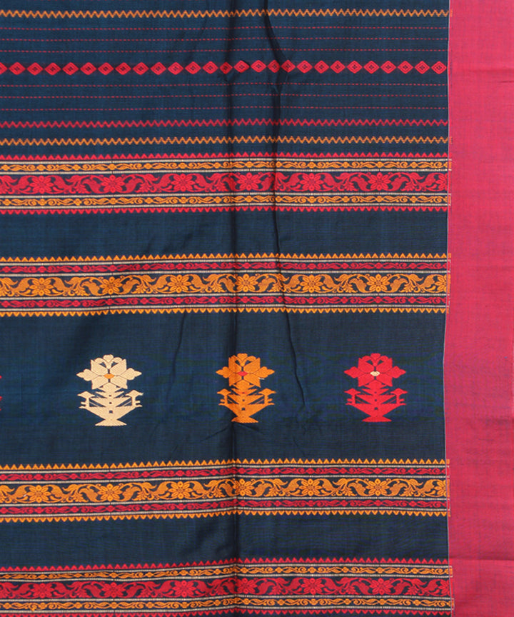 Navy blue pink mercerised cotton handloom bengal saree