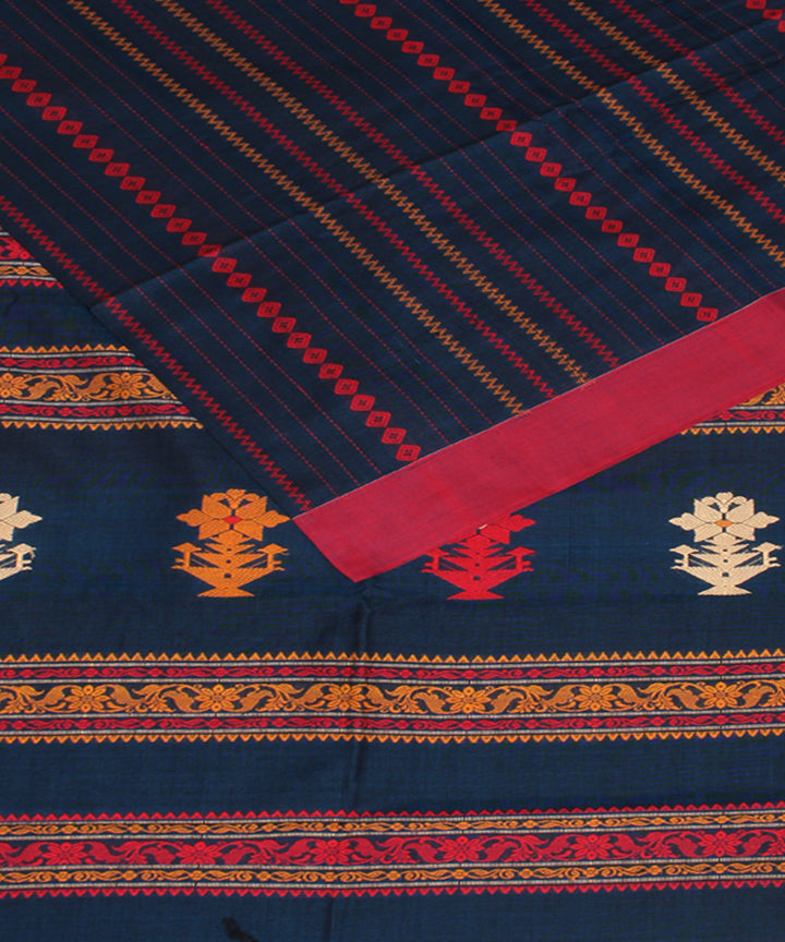 Navy blue pink mercerised cotton handloom bengal saree