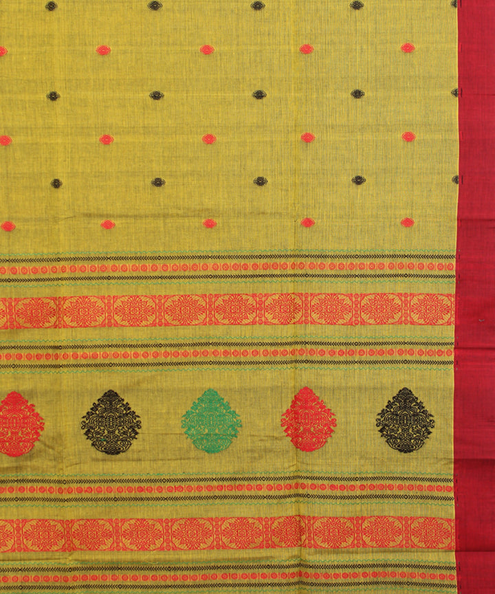 Mustard red mercerised cotton handloom bengal saree