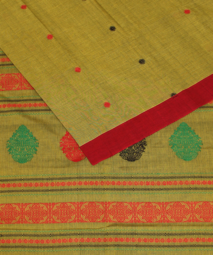 Mustard red mercerised cotton handloom bengal saree