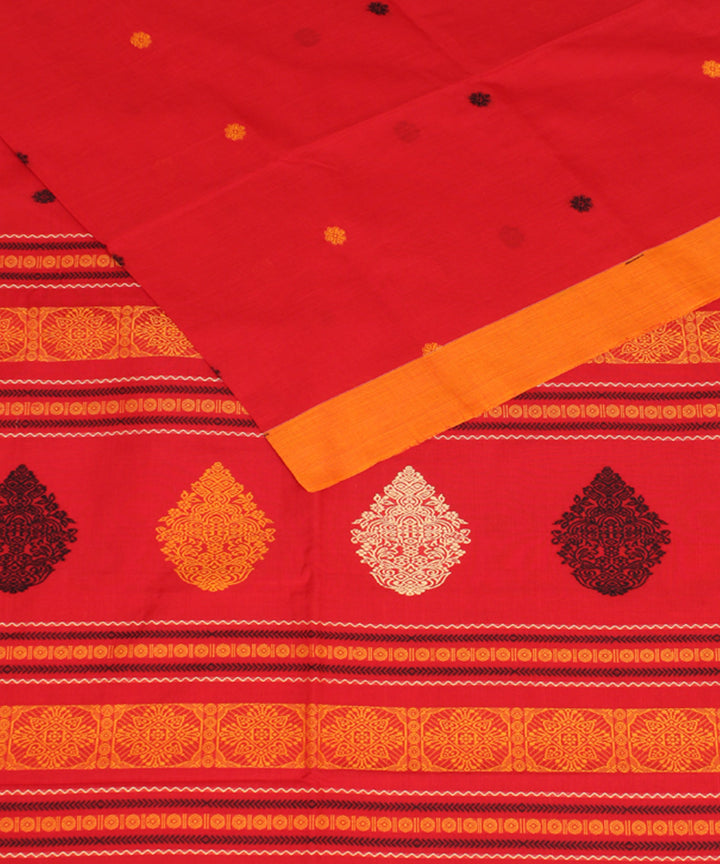 Red mustard mercerised cotton handloom bengal saree
