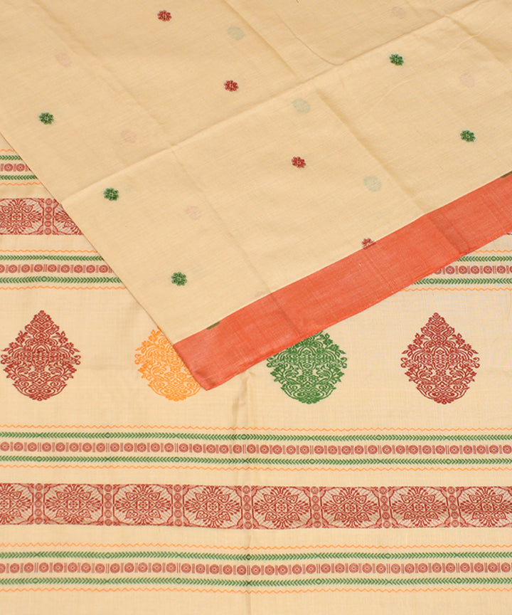 Cream coral mercerised cotton handloom bengal saree