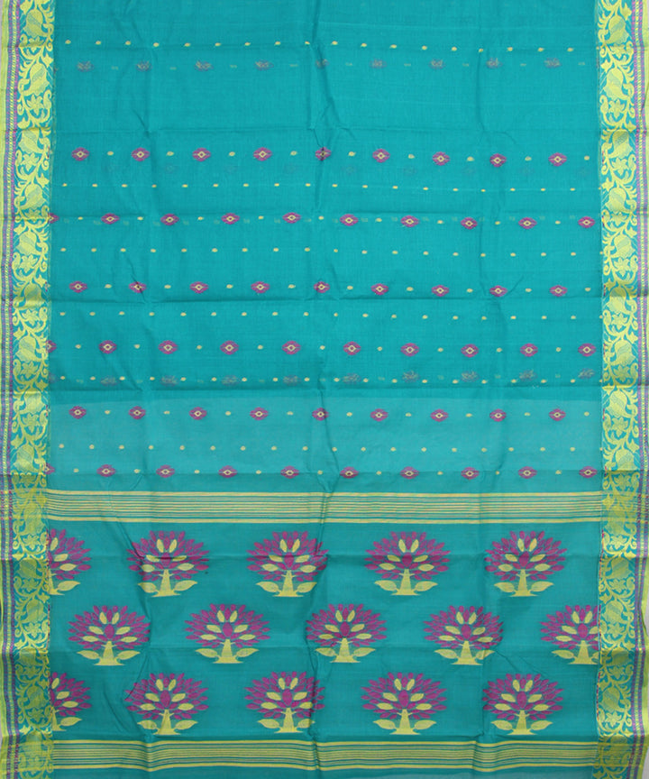 Cyan blue green cotton handloom bengal tangail saree