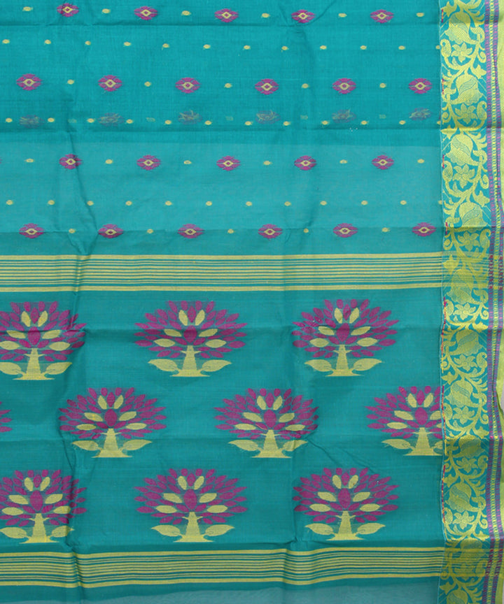 Cyan blue green cotton handloom bengal tangail saree