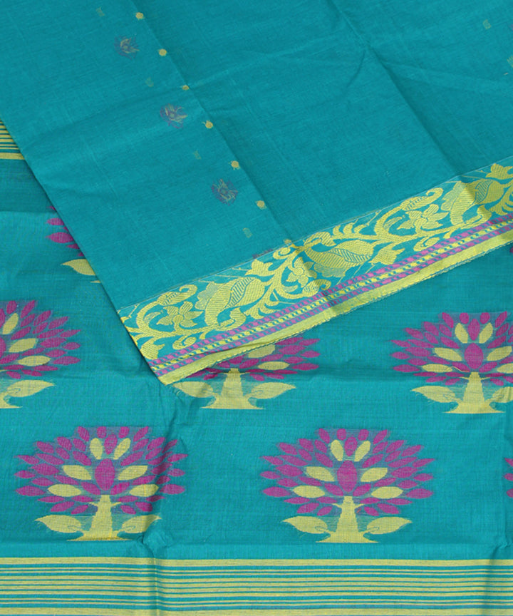 Cyan blue green cotton handloom bengal tangail saree