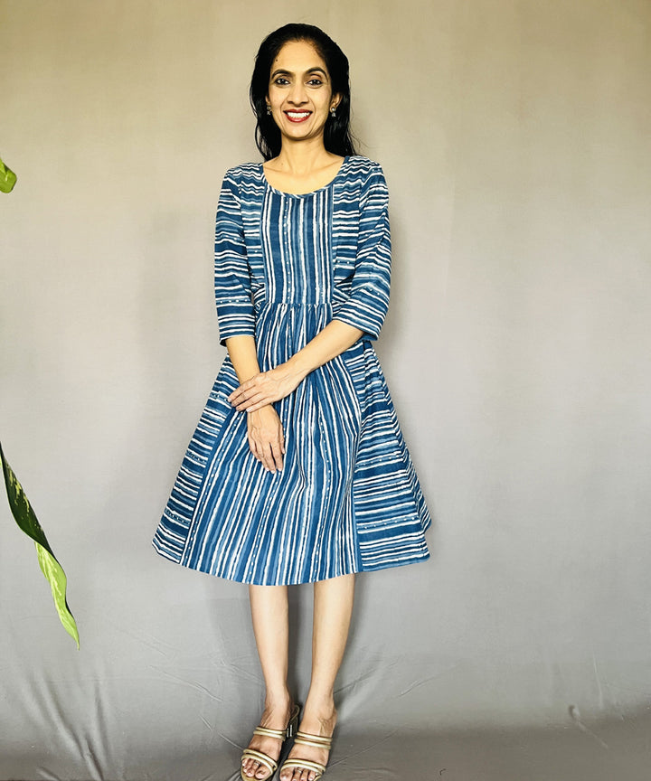 Indigo dyed hand block printed cotton dress