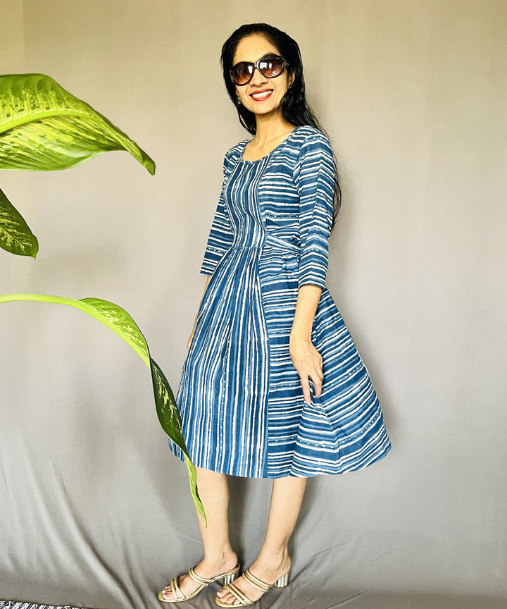 Indigo dyed hand block printed cotton dress