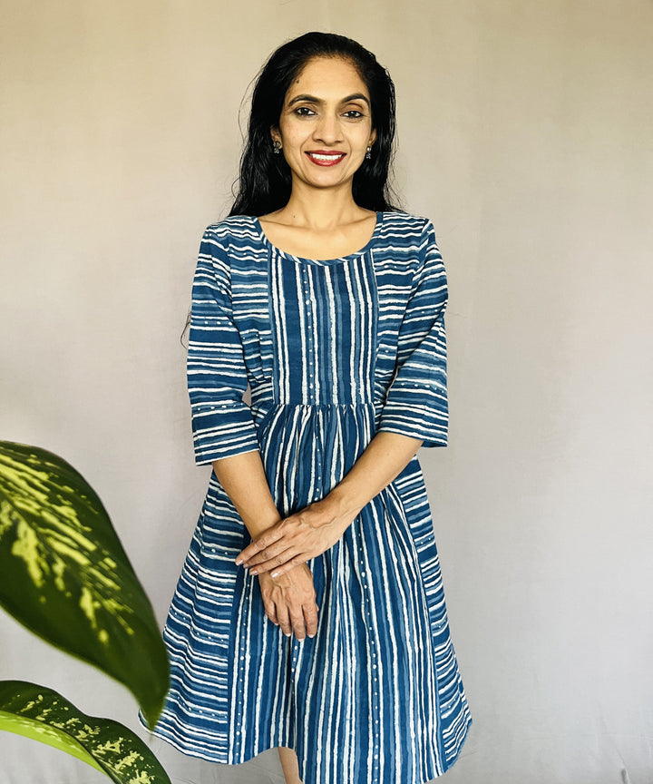 Indigo dyed hand block printed cotton dress