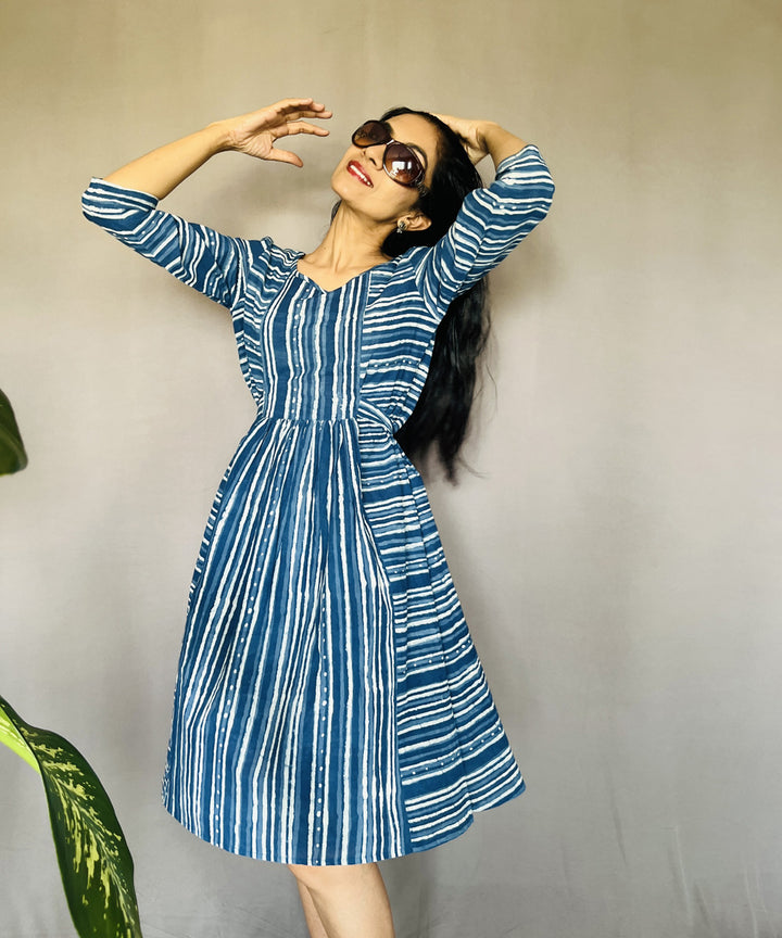 Indigo dyed hand block printed cotton dress