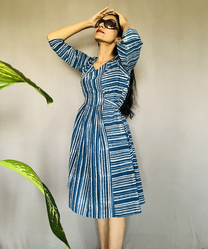 Indigo dyed hand block printed cotton dress