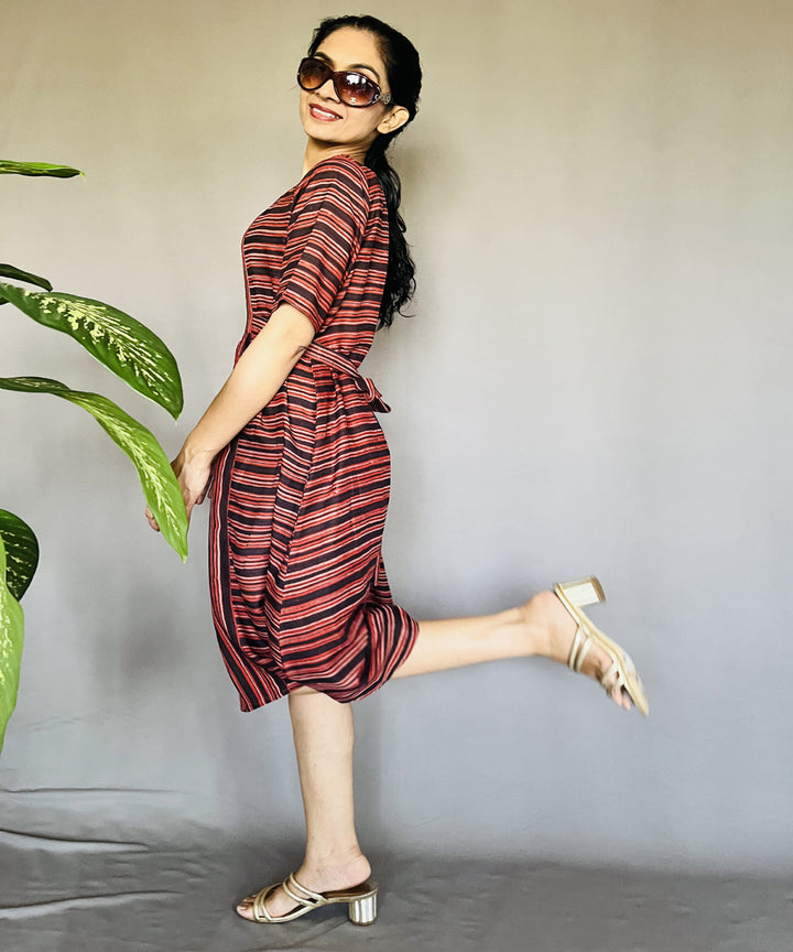 Multicolor hand block printed ajrakh modal silk dress