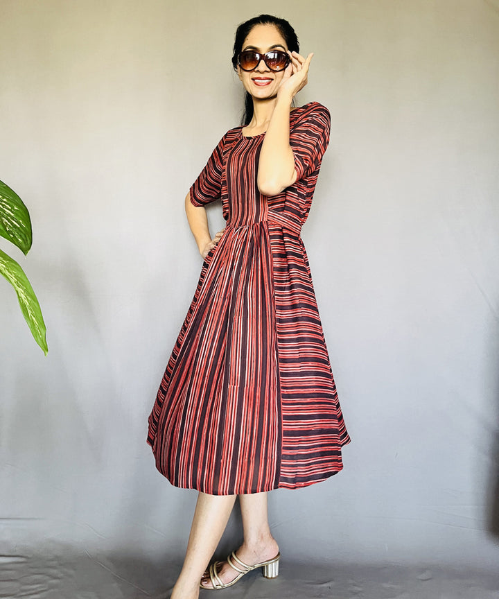 Multicolor hand block printed ajrakh modal silk dress