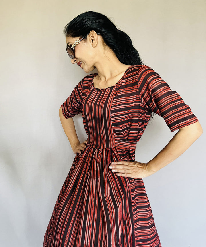 Multicolor hand block printed ajrakh modal silk dress