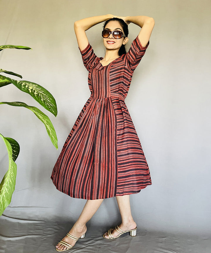 Multicolor hand block printed ajrakh modal silk dress