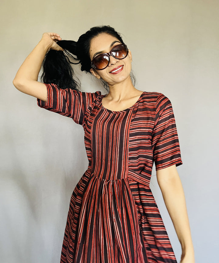 Multicolor hand block printed ajrakh modal silk dress