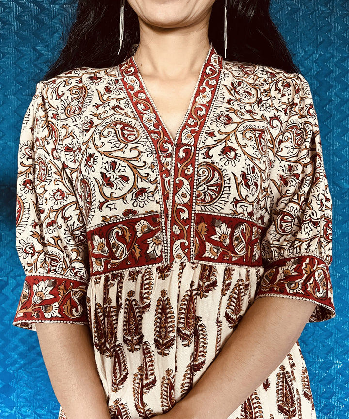 Beige red kalamkari hand block printed linen dress