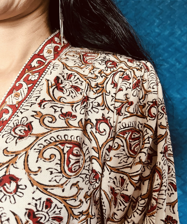 Beige red kalamkari hand block printed linen dress