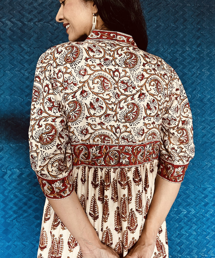 Beige red kalamkari hand block printed linen dress