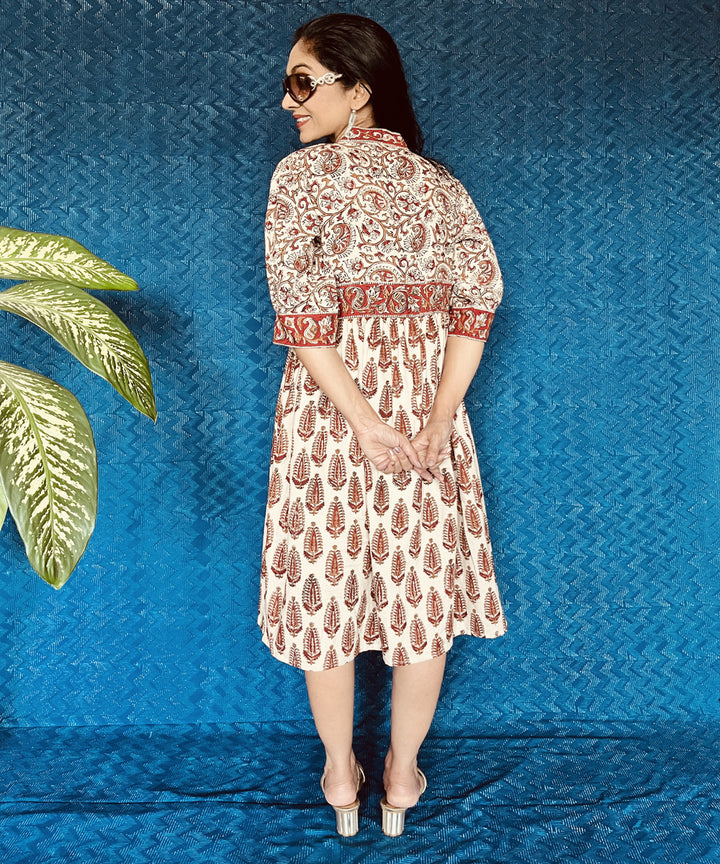 Beige red kalamkari hand block printed linen dress