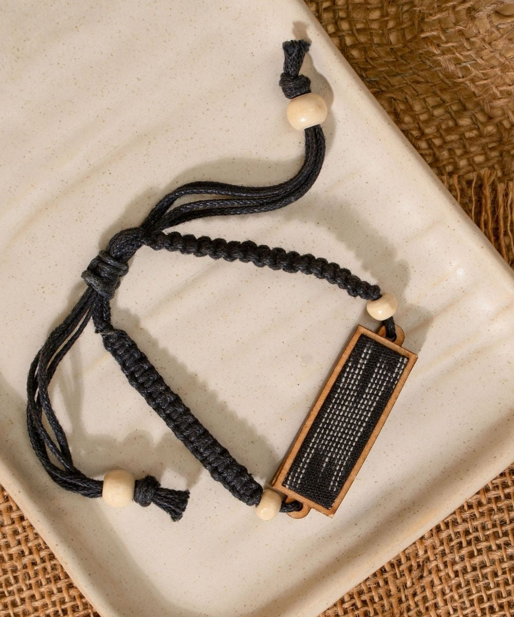 Black repurposed fabric and wood unisex bracelet