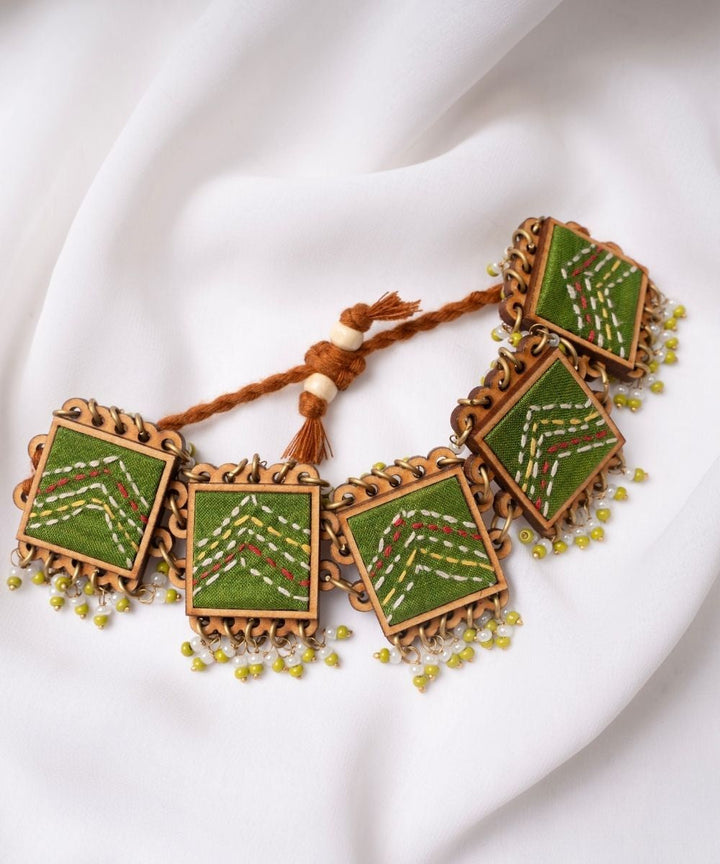 Green kantha repurposed silk fabric and wood bracelet with beads
