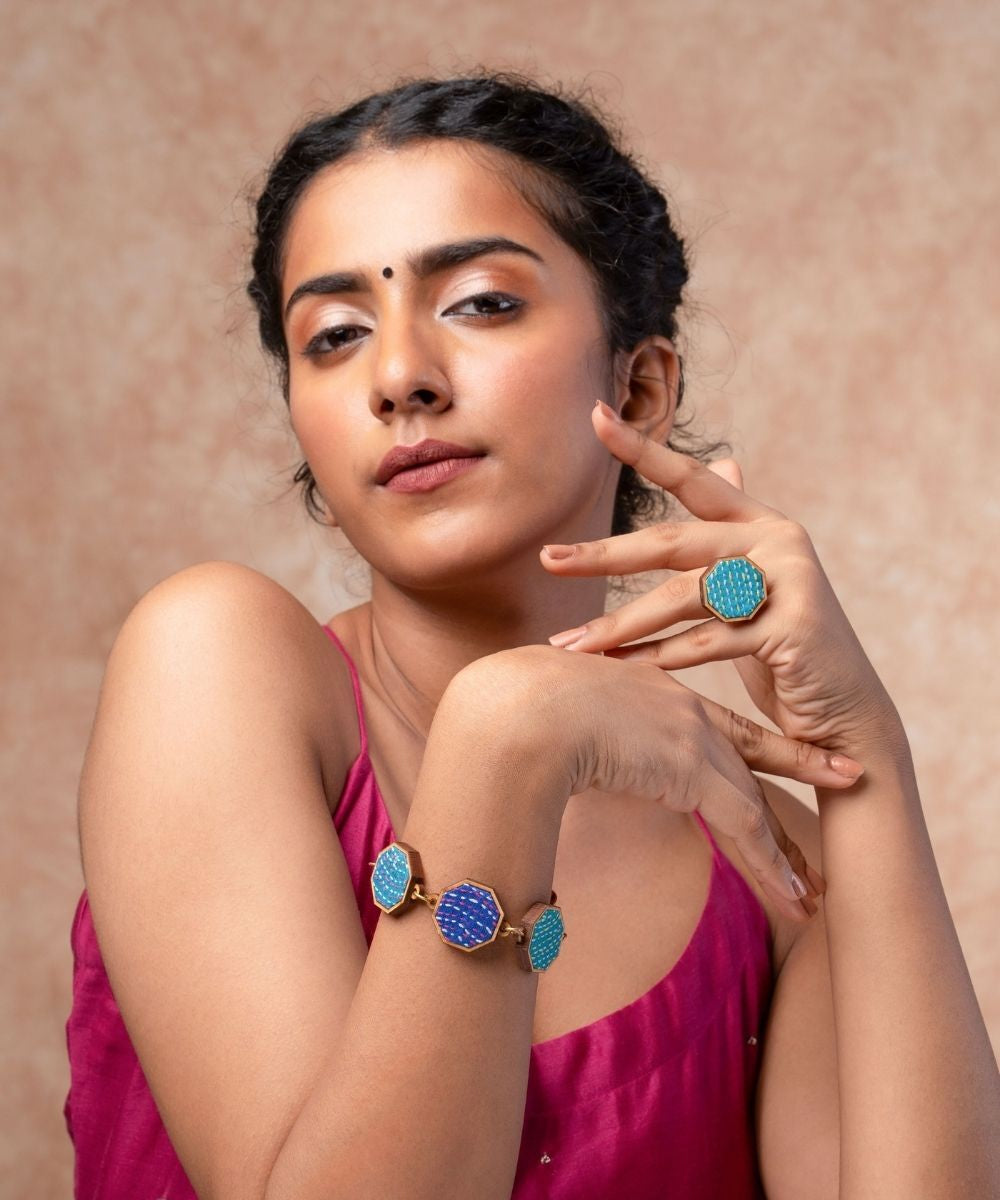 Multicolour kantha repurposed silk fabric and wood bracelet