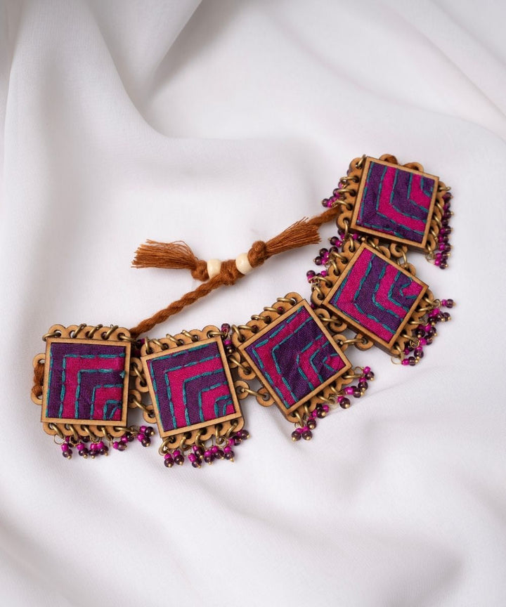 Pink purple kantha repurposed silk fabric and wood  beads bracelet