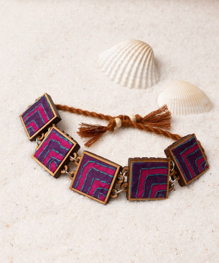 Pink purple kantha repurposed silk fabric and wood bracelet