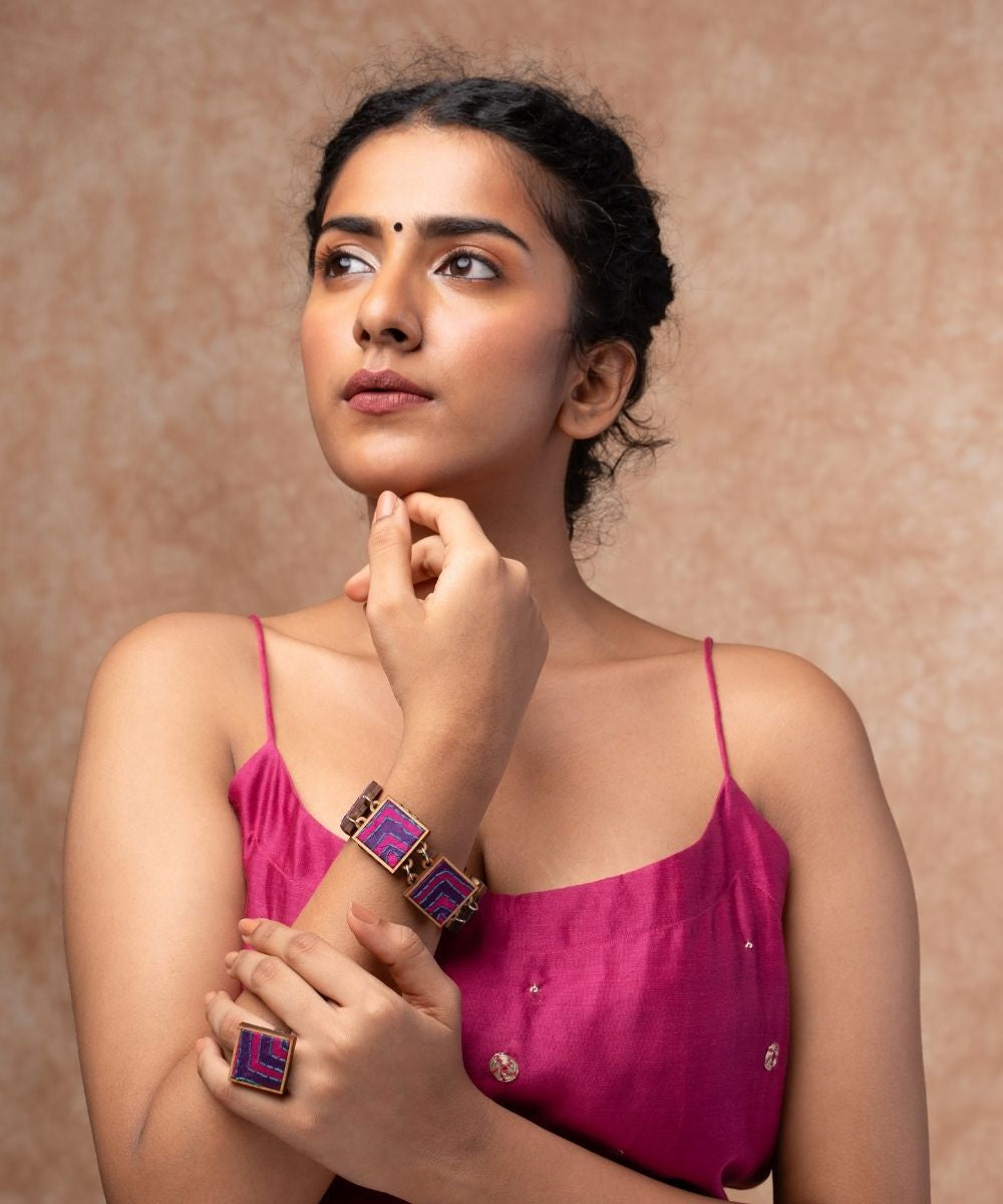 Pink purple kantha repurposed silk fabric and wood bracelet