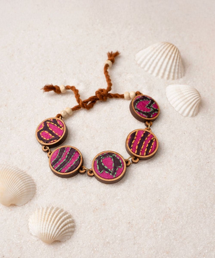 Multicolor kantha silk fabric and repurposed wood bracelet