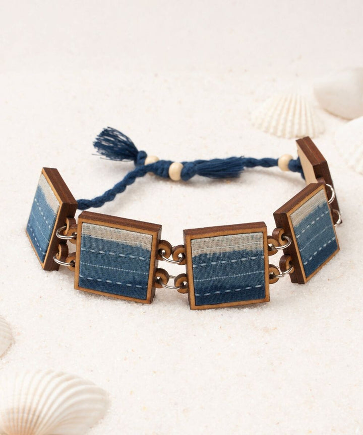 Shades of indigo blue repurposed fabric wood square bracelet
