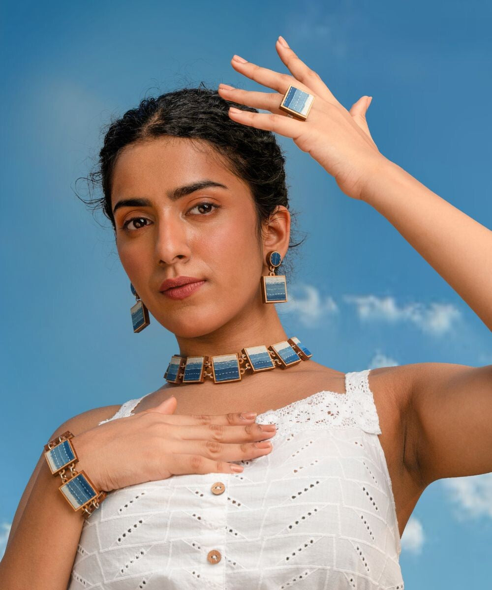 Shades of indigo blue repurposed fabric wood square bracelet