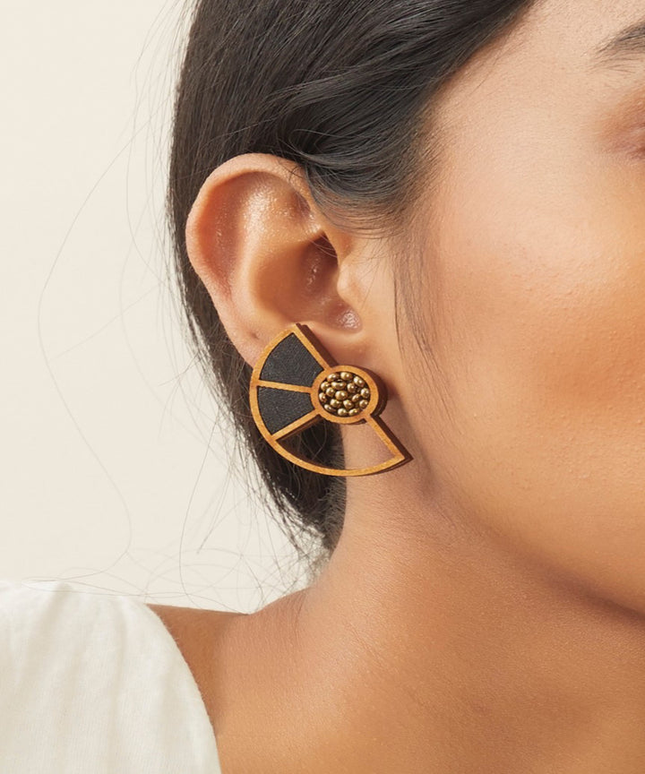 Black handcraft geometric upcycled fabric and repurposed wood earring