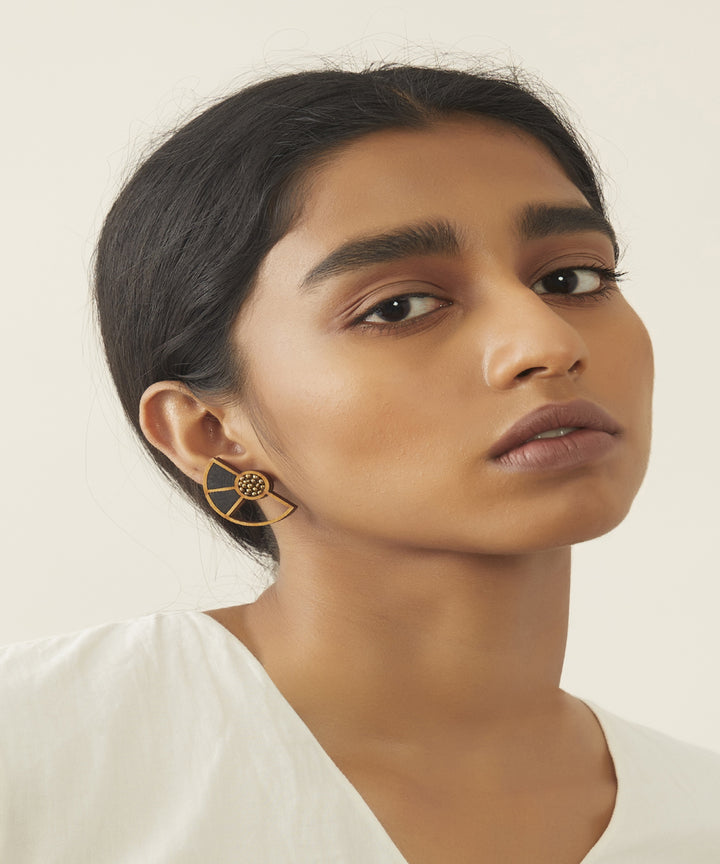 Black handcraft geometric upcycled fabric and repurposed wood earring