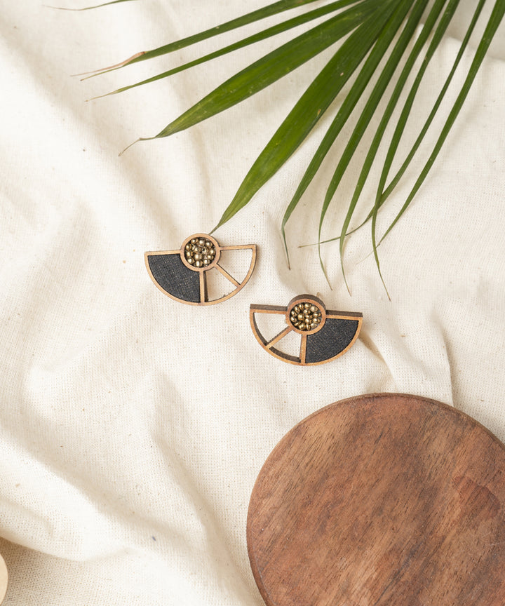 Black handcraft geometric upcycled fabric and repurposed wood earring