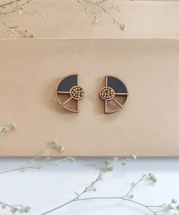 Black handcraft geometric upcycled fabric and repurposed wood earring