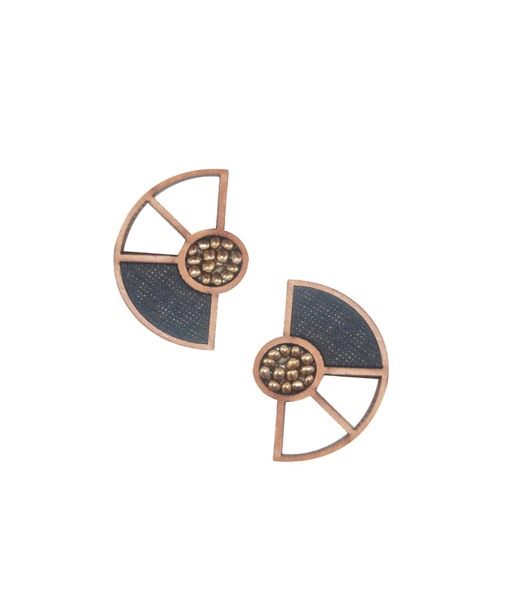 Black handcraft geometric upcycled fabric and repurposed wood earring