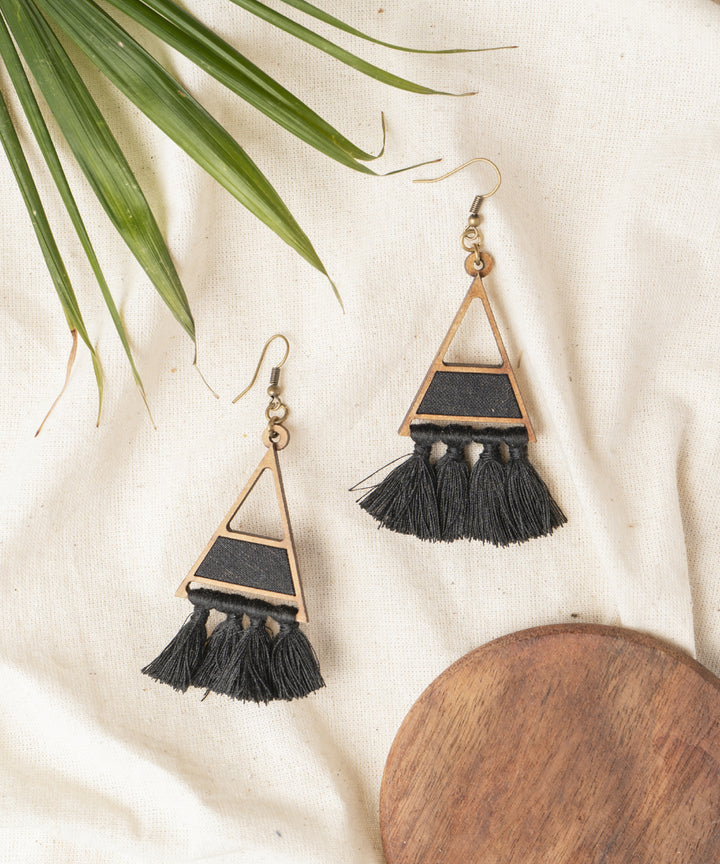 Black triangle upcycled fabric and repurposed tasseled wooded earring