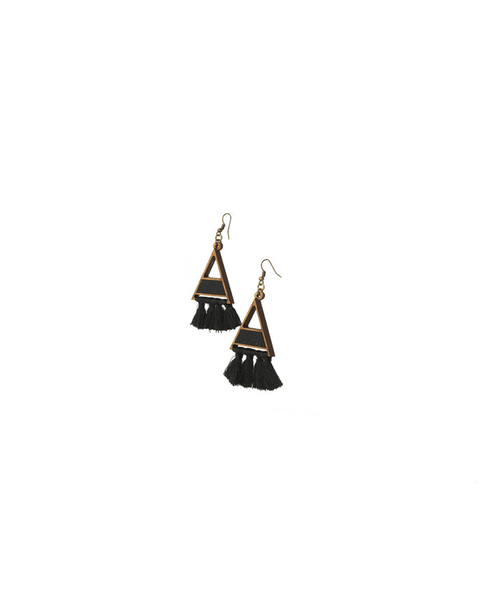 Black triangle upcycled fabric and repurposed tasseled wooded earring