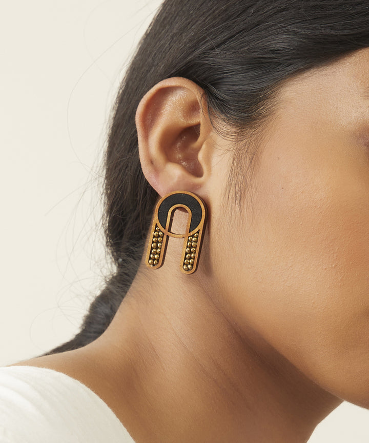 Black upcycled fabric and repurposed wood earring with glass beads