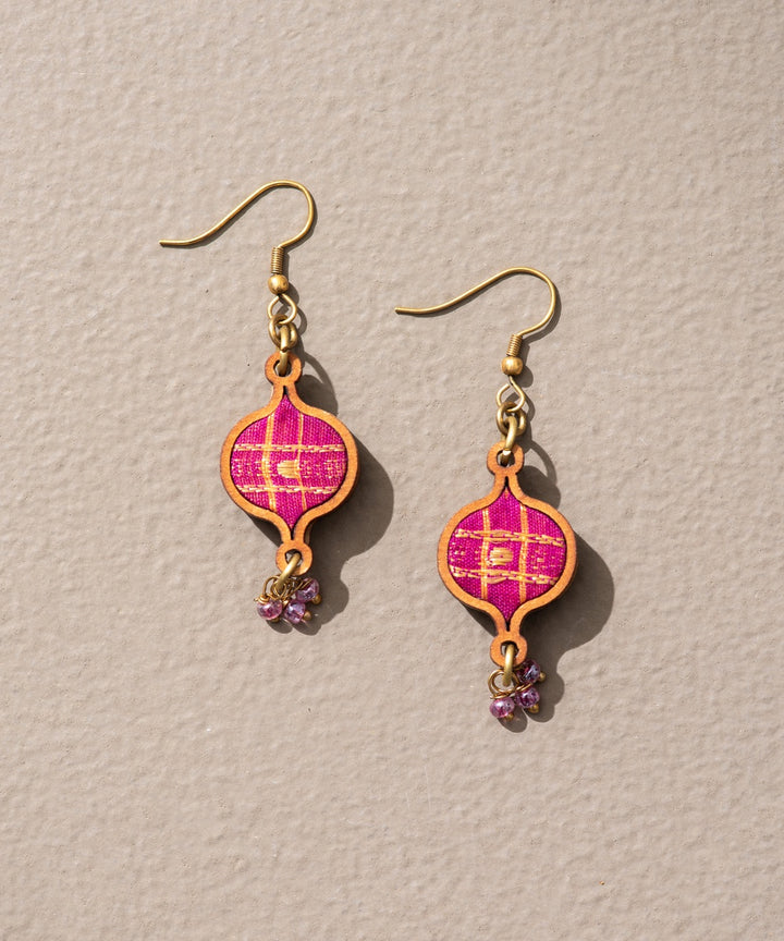 Pink gold handmade upcycled fabric repurposed wood round earring