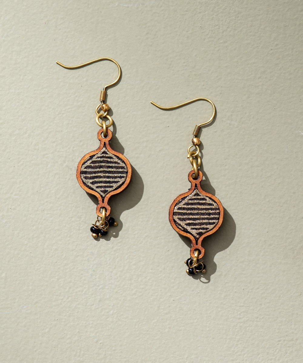 Black festive upcycled fabric repurposed wood earrings